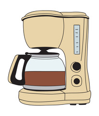 A coffee maker with a glass carafe and a handle. The coffee maker is beige and has a brown liquid in it. Vector flat illustration isolated on transparent background. 