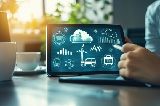 Person using tablet displaying cloud computing, renewable energy, and data analytics icons - Powered by Adobe