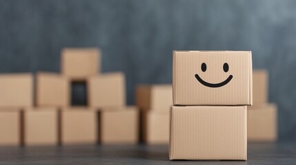 Obraz premium Happy Cardboard Boxes Stacked Customer Satisfaction Delivery Concept