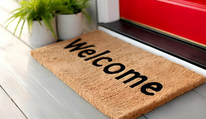 A cozy welcome mat lies at a bright red door, inviting guests to step inside. This charming entryway exudes warmth and hospitality.