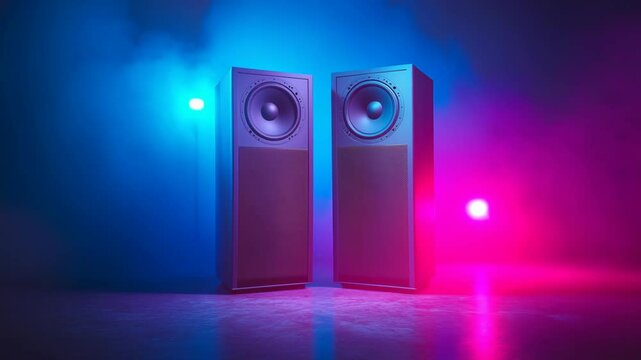 Modern music speakers with colored lighting stand on dark floor. Audio tech, speakers, sound system for party, home entertainment. Neon lights, bass. Digital audio