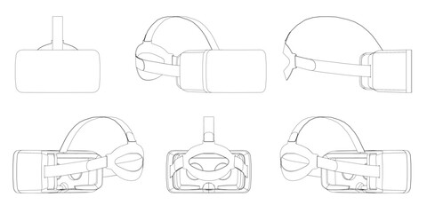 A series of drawings of a virtual reality headset. The drawings are all different angles and show the headset from various perspectives. The mood of the images is somewhat abstract and artistic