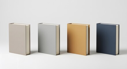 AI image presents four modern, minimalist books with plain, solid-color covers standing vertically against a clean, simple light gray background design.