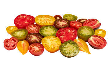 Colorful raw tomatoes cut in half: red, yellow, green, brown and orange. Ripe and juicy. Close-up side view on white background