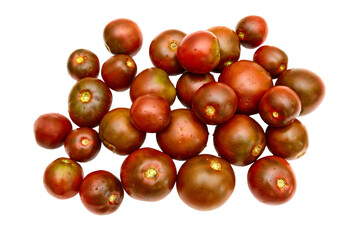 Red round raw tomatoes: ripe and juicy with small drops of water on the skin. Close-up view from the top
