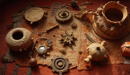 Various clay and golden ceremonial artifacts including sun-shaped ornaments and instruments are displayed on a woven textile related to Inti Raymi Andean sun celebration traditions