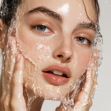 A photorealistic close-up of a beautiful woman washing her face with water, captured in a studio setting with neutral lighting.
