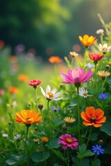 Fototapeta premium Vibrant wildflowers in full bloom amidst lush greenery, colorful, blooms