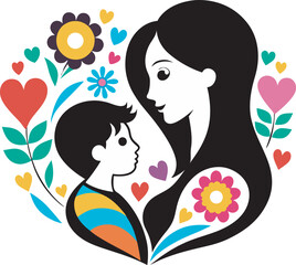 Black and White Mother Child Face-to-Face with Floral Accents Art & Illustration