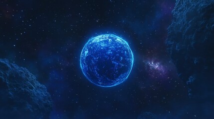Bright Blue Planet Surrounded by Stars in Deep Space Environment