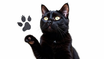 Fototapeta premium Handsome black cat with a paw print on white background, pet, paw print