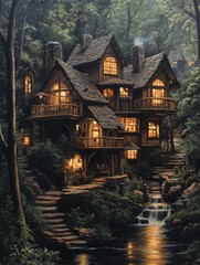 Obraz premium A multi-story house with lights surrounded by lush green trees and water.