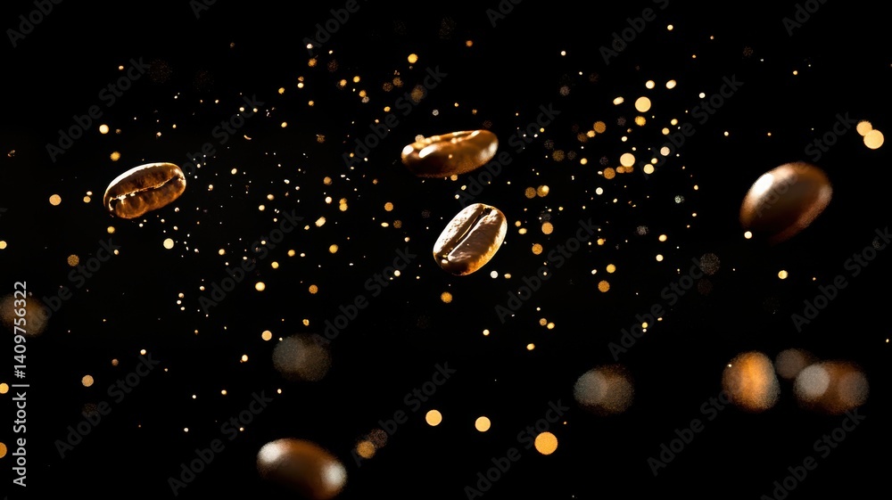 Poster dynamic composition of roasted coffee beans exploding mid-air over black background with glowing par