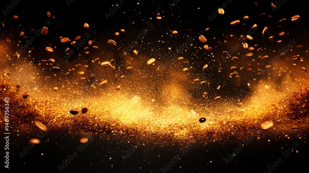 Poster dynamic composition of roasted coffee beans exploding mid-air over black background with glowing par