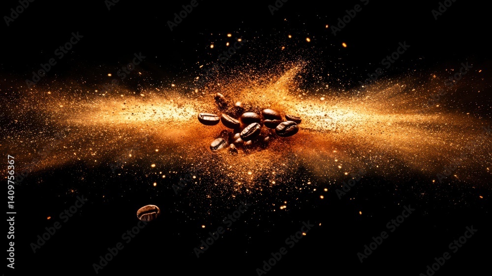 Poster dynamic composition of roasted coffee beans exploding mid-air over black background with glowing par