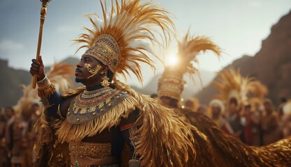 Obraz premium Inca leader in ornate golden robe addresses large gathering during Inti Raymi festival in a mountain valley surrounded by snowy peaks and traditional celebrants