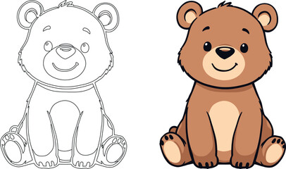 Vsai cute brown bear sitting and smiling with line art version