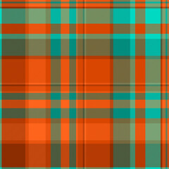 Vibrant orange, teal, and olive green plaid pattern.  Perfect for textile design, website backgrounds, or fashion projects.