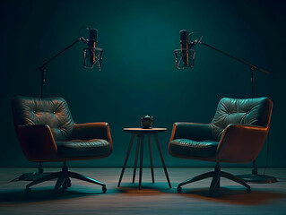 A stylish podcasting setup featuring two modern armchairs, a small table, and microphone stands, illuminated in a serene teal ambiance.