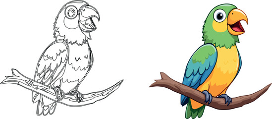 Vsai colorful parrot sitting and singing on a branch with line art version © frrlbt