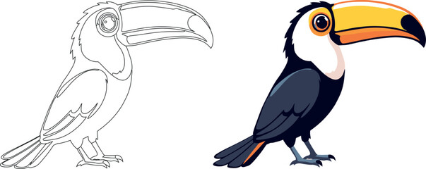 Vsai colorful toucan and line art version standing side by side © frrlbt