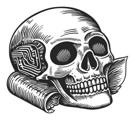 Naklejka premium Vintage Woodcut Style Skull with Circuit Board and Scroll Design