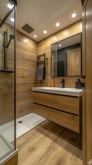 Modern bathroom interior with wooden walls vanity mirror and shower cabin.