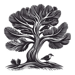 Fototapeta premium Detailed Black and White Woodcut of a Tree and a Bird