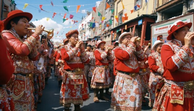 A group of musicians dressed in ornate red and gold traditional Andean costumes perform with wind instruments in a vibrant Inti Raymi street parade lined with flags and crowds