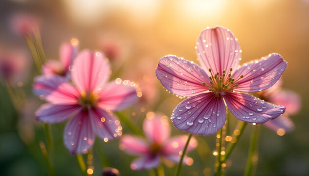 Close-up of a purple flower at sunrise. Flowers with dew drops. Pink flowers in the garden