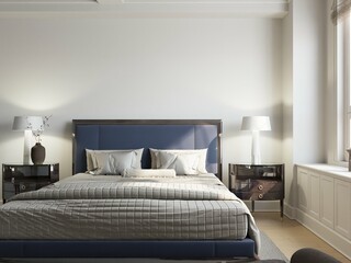 empty space in simple modern bedroom with blue bed and decorations. 3d illustration