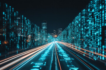 Fototapeta premium Futuristic city highway glowing with digital data streams fast speed vibrant night scene