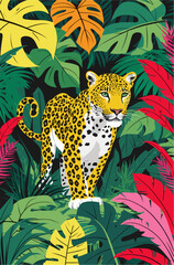 Obraz premium A colorful jungle scene with a leopard standing in the middle of it. The jungle is full of life and the leopard is the main focus of the image
