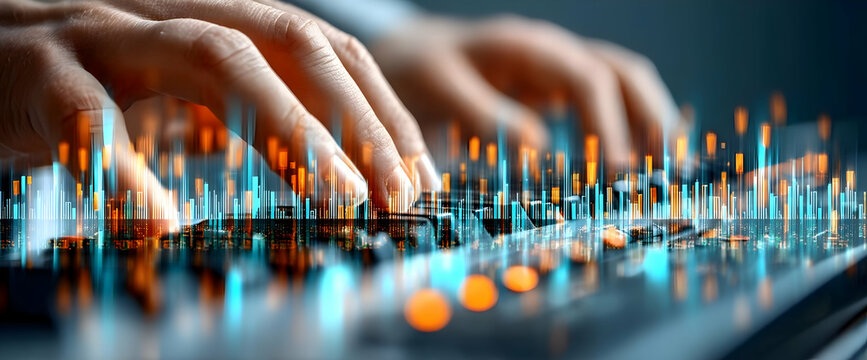Close-up of hands typing on a keyboard with colorful data visualizations. Represents digital innovation and data analysis in modern technology.