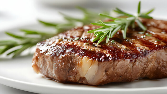 Juicy grilled steak garnished with fresh rosemary on a white plate, ideal for showcasing culinary excellence and mouthwatering dining experiences.
