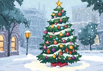 Obraz premium Festive Christmas Tree with Ornaments in Snowy Winter Scene