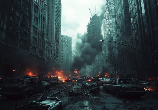 Desolate Urban Landscape After Catastrophic Event with Smoke and Fire