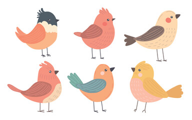 Six colorful cartoon birds with round bodies and soft feathers perch joyfully, ideal for spring wildlife art, nursery decor, or cute seasonal illustrations.