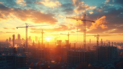 Sunset cityscape construction cranes city skyline buildings development