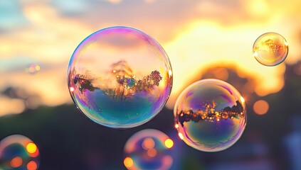 Sunset reflected in iridescent soap bubbles floating outdoors