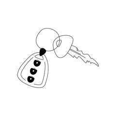 Hand drawn doodle car key with a keychain alarm. Car key remote control. Car Accessories. Isolated on white background