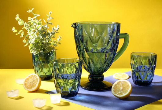 Blue faceted jug and glasses filled with water