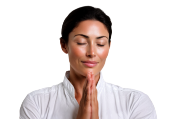 An intellectual middle-aged woman, wearing white clothes, meditating
