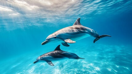 Naklejka premium Dolphins swimming ocean coral reef sunlight marine life underwater nature