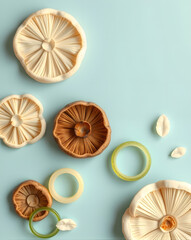 Obraz premium Mushroom Composition: An artistic flat lay showcasing a variety of mushrooms and sliced vegetables, creating a visually appealing composition against a pastel blue background.