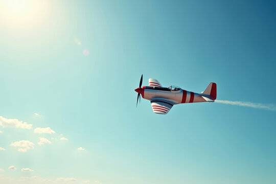 Vintage airplane with red and blue stripes performs aerobatic maneuvers against a clear blue sky. The classic aircraft showcases dynamic flight patterns and precision.