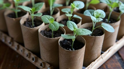 Fototapeta premium Seedlings growing in cardboard tubes on a tray. Sustainable gardening and starting plants indoors.