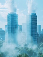 Fototapeta premium A pair of sleek skyscrapers emit steam, surrounded by trees and a hazy atmosphere, showcasing a modern urban landscape. pollution pm2.5