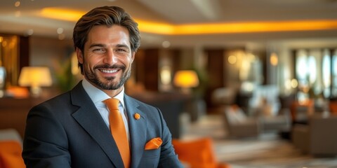 Fototapeta premium A man in a suit and tie is smiling and posing for a photo