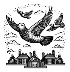 Obraz premium Detailed Woodcut of Birds Flying Over Traditional Houses